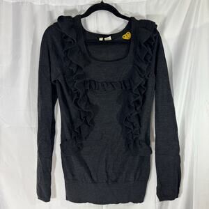 Anthropologie Moth Wool Blend Ruffle Front Pullover Sweater Scoop Neck Medium